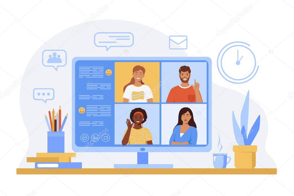 Flat design of woman working at home at desk on laptop and having video conference with her colleagues. Vector sketch.