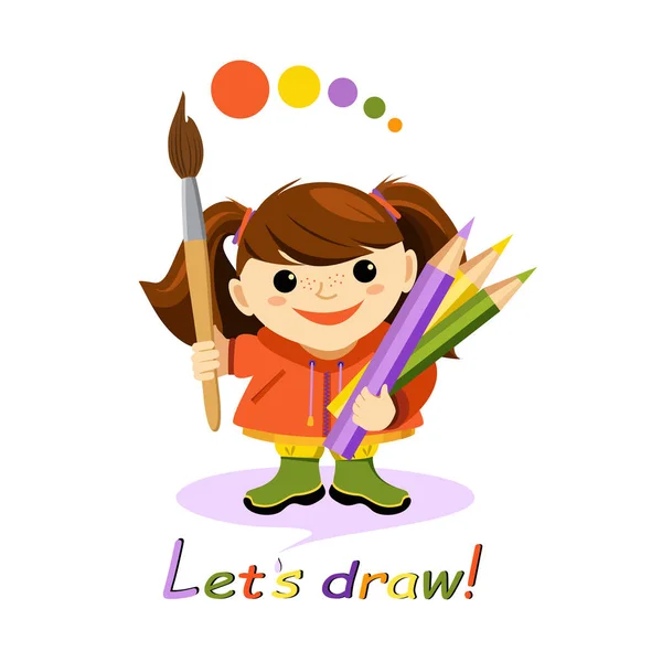 Little Girl Pencils Paintbrush Banner White Background Print Design Art — Stock Vector