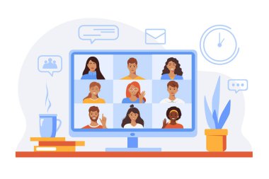 Video konferansı, grup görüntülü konuşma. İş ekibi yüz yüze, bilgisayar ekranında video toplantısı, düz vektör illüstrasyonu.