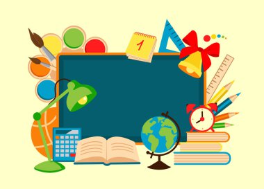  Okul malzemeleri ve kırtasiye malzemeleri. Okul afişine dönelim. Vektör illüstrasyonu.