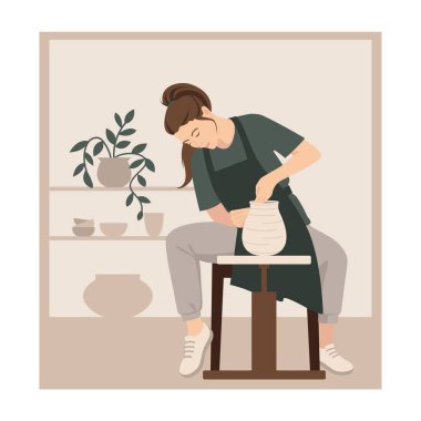 Potter kızı. Bir kadın çömlekçinin tekerinin arkasında kilden bir vazo yontuyor. Heykeltraşın vektör çizimi. Sanatçı bir seramik yaratıyor. Zanaat.