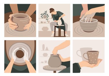 Potter tekerleği hazır. Potter atölyesi. Vektör illüstrasyonu.