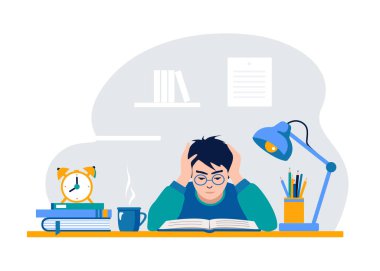 Öğrenci, öğrenme sürecinde öğrenci, soyut düz vektör çizimi. Çocuk masaya oturur ve ders çalışır, açık kitaplarla ödev yapar..