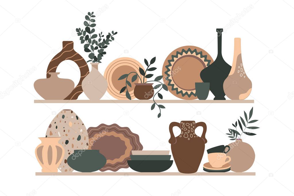 Set of dishes, colorful plates, bowls, ceramic vases with plants and a jug on a white background. handmade ceramic earthenware tableware vector