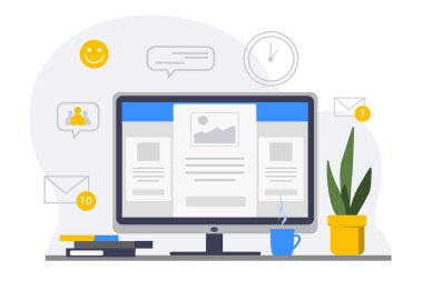 İş yeri konsepti, bilgisayarla çalışma masası, takvim, dosyalar, bitki örtüsü. Elektronik belge çalışma monitöründe açık. Vektör illüstrasyonu.