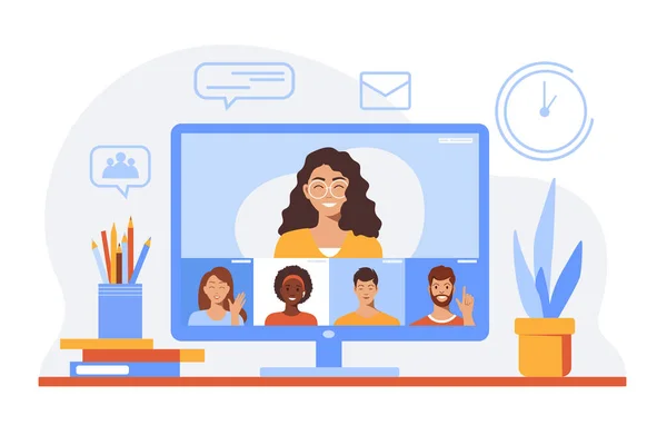 Videokonferenz Gesichter Von Geschäftsteams Videotreffen Online Projektmanagement Arbeit Von Hause — Stockvektor