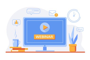 Çevrimiçi video webinar, sanal konferans, çevrimiçi eğitim, bilgisayar ekranlı eğitim kavramı. Dijital seminer, e-öğrenim web buluşma illüstrasyonu, çalma düğmesi. Çevrimiçi webinar tasarımı. Vektör