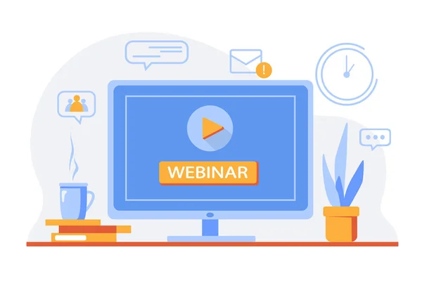 Online Video Webinar Virtueller Vortrag Online Training Trainingskonzept Mit Computerbildschirm — Stockvektor