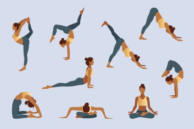 Yoga pozları. Yoga dersi. Egzersiz, esneme. Düz vektör illüstrasyonunda sağlık eğitimi.