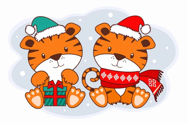 Vector Cute Tiger Christmas Hat Scarf Cute Animal Character Idea — Stock Vector