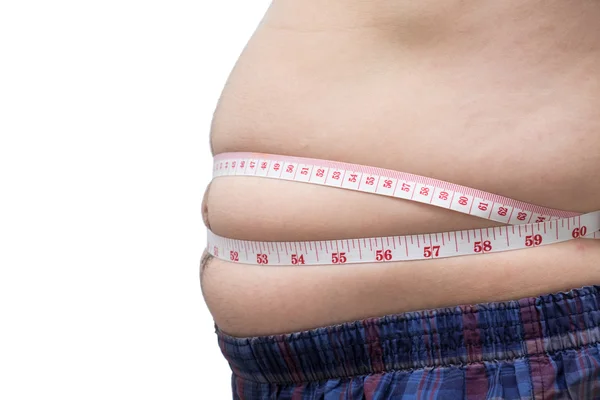 Fat asian man use waist measure for his belly — Stock Photo, Image