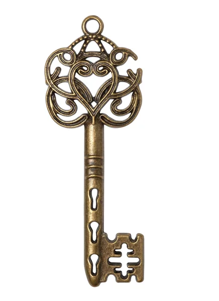 Old gold skeleton key isolated on white background. — Stock Photo, Image