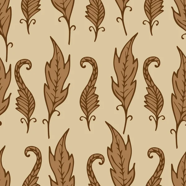 Repeating floral and feather pattern. Seamless texture with leaves. Beige and brown colors. Light background or backdrop. Vector illustration. For textile, wrapping, wallpaper or cloth design. — Stock Vector