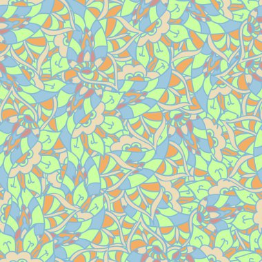 Vektör doodle el sorunsuz desen çizilmiş. Soyut çiçeklerle sonsuz doku. Soluk yeşil zemin. Yaz veya bahar şablonu. Duvar kağıdı için, web sayfası arka plan, kumaş, sarma. Çiçek elementleri.