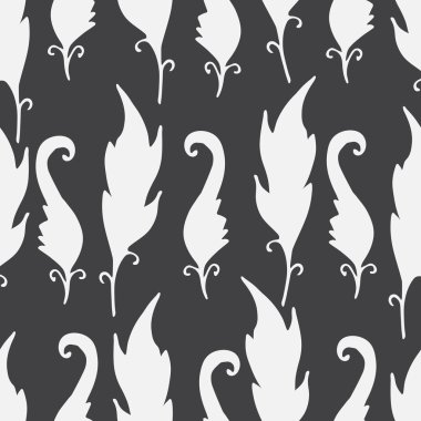 Repeating floral and feather pattern. Seamless texture with leaves silhouettes. Gray background with white elements. Dark backdrop.Vector illustration. For textile,wrapping, wallpaper,cloth design.