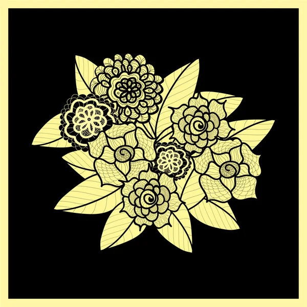 Hermosas flores de garabatos. Patrón de Zentangle. Elemento de diseño herbal dibujado a mano. Ilustración floral en negro y amarillo. Adorno de encaje aislado sobre fondo negro . — Vector de stock