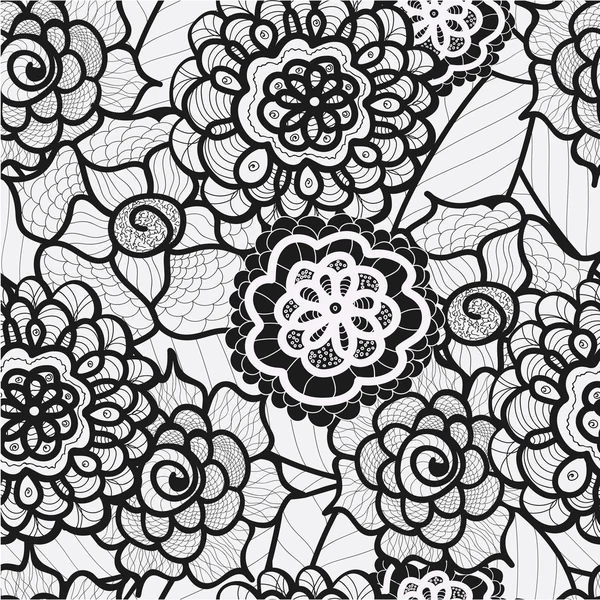Lace seamless pattern with abstract elements. Vector floral background. Hand Drawn Texture. Decorative Flowers drawing. Doodle artwork. Black and white Zentagle illustration.Bohemian summer ornament. — Stock Vector
