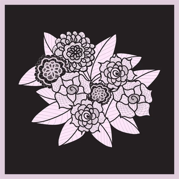 Mooie doodle kunst bloemen. Zentangle patroon. Hand getekende kruiden design element. Bloemen zwart en paars illustratie. Geïsoleerde Lace ornament op zwarte achtergrond. — Stockvector