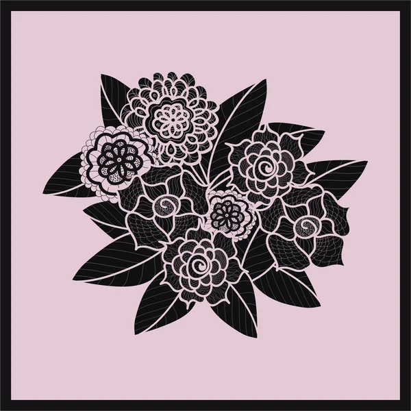 Gyönyörű Doodle művészet virágok. Zentangle mintázat. Kézzel rajzolt növényi design elem. Virágos fekete és lila illusztráció. Csipke dísze a lila háttér. — Stock Vector