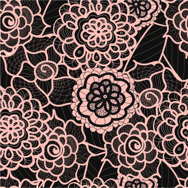 Spets sömlöst mönster med abstrakta element. Vektor blommig bakgrund. Handritad textur. Dekorativa blommor ritning. Doodle konstverk. Svart och rosa Zentagle illustration. Bohemiska sommar prydnad. — Stock vektor