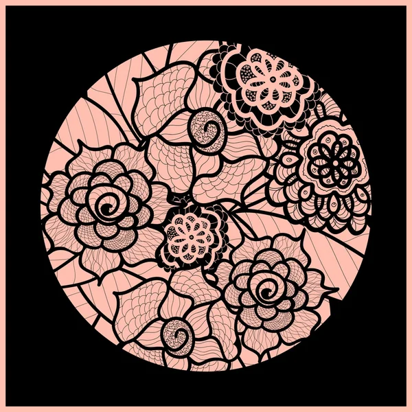 Fondo circular. Dibujo decorativo ornamental. Obras de arte vectoriales. Ilustración en negro y rosa. Adorno de flores de verano. Diseño de encaje redondo. Mandala floral. Zentangle dibujado a mano. Elemento Doodle . — Archivo Imágenes Vectoriales