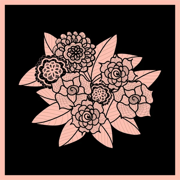 Piękne kwiaty Doodle art. Wzór Zentangle. Ręcznie rysowane ziołowy element projektu. Kwiatowy czarno-różowy ilustracji. Odizolowane koronki ornament na czarnym tle. — Wektor stockowy