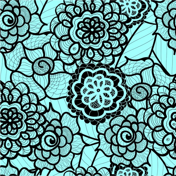 Spets sömlöst mönster med abstrakta element. Vektor blommig bakgrund. Handritad textur. Dekorativa blommor ritning. Doodle konstverk. Svart och blått Zentagle illustration. Bohemiska sommar prydnad. — Stock vektor