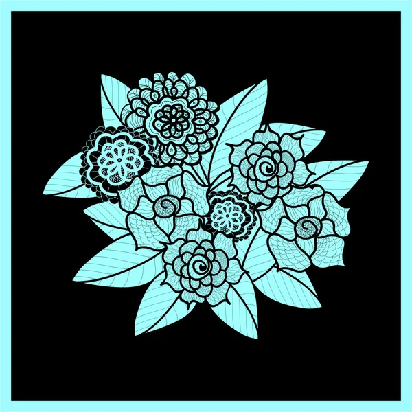 Hermosas flores de garabatos. Patrón de Zentangle. Elemento de diseño herbal dibujado a mano. Ilustración floral en negro y azul. Adorno de encaje aislado sobre fondo negro . — Vector de stock