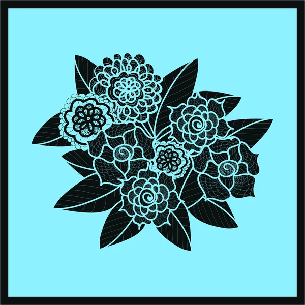 Vackra Doodle konst blommor. Zentangle mönster. Handritade växtbaserade designelement. Blommig svart och blå illustration. Isolerad spets prydnad på blå bakgrund. — Stock vektor