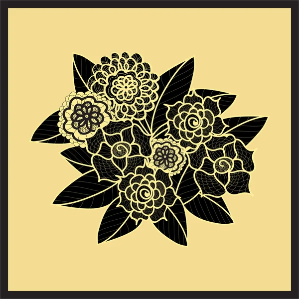 Piękne kwiaty Doodle art. Wzór Zentangle. Ręcznie rysowane ziołowy element projektu. Kwiatowy Czarno-żółty ilustracji. Izolowane koronki ornament na żółtym tle. — Wektor stockowy