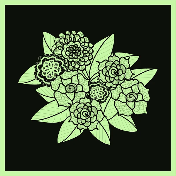 Красиві квіти каракулі. Візерунок Зантаклі. Ручний намальований елемент дизайну трав. Квіткова чорно-зелена ілюстрація. Ізольований мереживний орнамент на чорному тлі. Декоративна — стоковий вектор