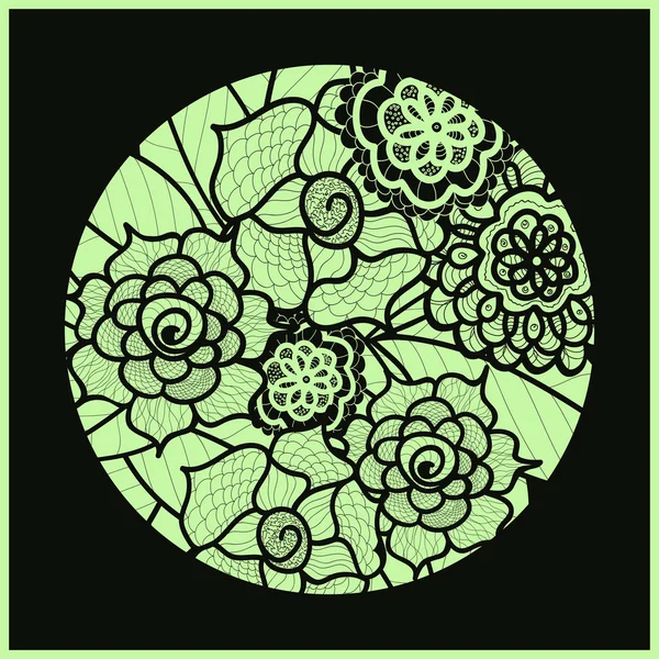 Cirkel bakgrund. Dekorativa prydnads ritning. Vektorgrafik. Svart och grön illustration. Sommar blomma prydnad. Rund spets design. Blommig Mandala. Handritad Zentangle. Doodle element. — Stock vektor