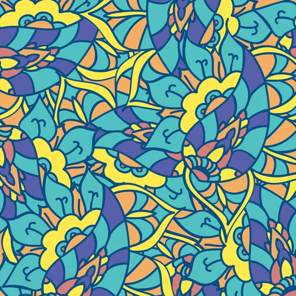 Vector garabato dibujado a mano patrón. Textura con flores abstractas. Un brillante telón de fondo. Plantilla de verano. Para fondo de pantalla, fondo de página web. Colores azules. Elementos florales . — Vector de stock