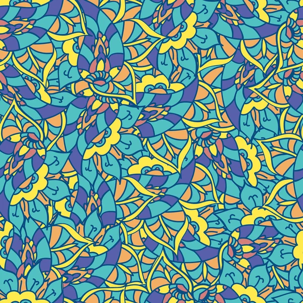 Vektor Doodle Hand gezeichnet nahtlose Muster. endlose Textur mit abstrakten Blumen. Helle Kulisse. Sommervorlage. für Tapeten, Webseiten-Hintergrund, Stoff, Verpackung. Blaue Farben. Blütenelemente. — Stockvektor