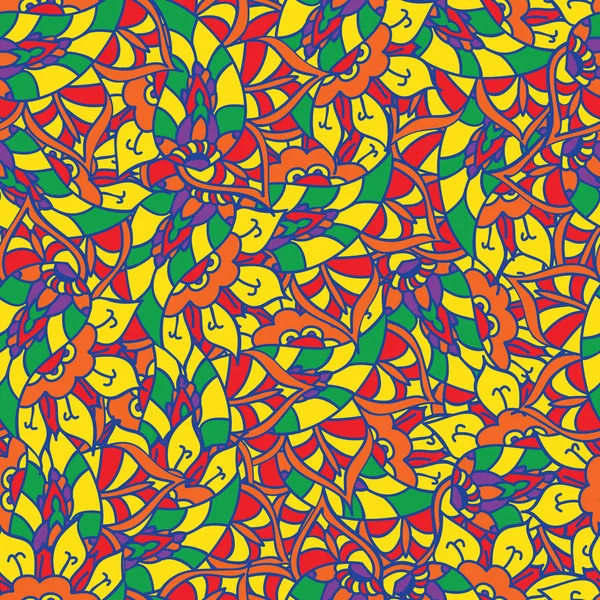 Vector garabato dibujado a mano patrón sin costuras. Textura infinita con flores abstractas. Fondo étnico brillante. Plantilla de verano. Para papel pintado, fondo de página web, tela, envoltura. Elementos florales coloridos . — Vector de stock