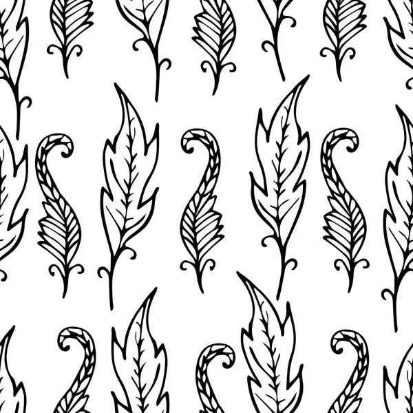 Repeating floral and feather pattern. Seamless texture with black leaves on white background. Light backdrop with doodle elements. Vector illustration. For textile, wrapping, wallpaper, cloth design. — Stock Vector