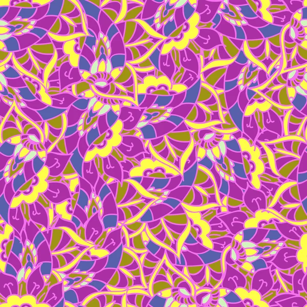 Vector garabato dibujado a mano patrón sin costuras. Textura infinita con flores abstractas. Fondo étnico brillante. Plantilla de verano. Para papel pintado, fondo de página web, tela, envoltura. Elementos florales coloridos . — Vector de stock