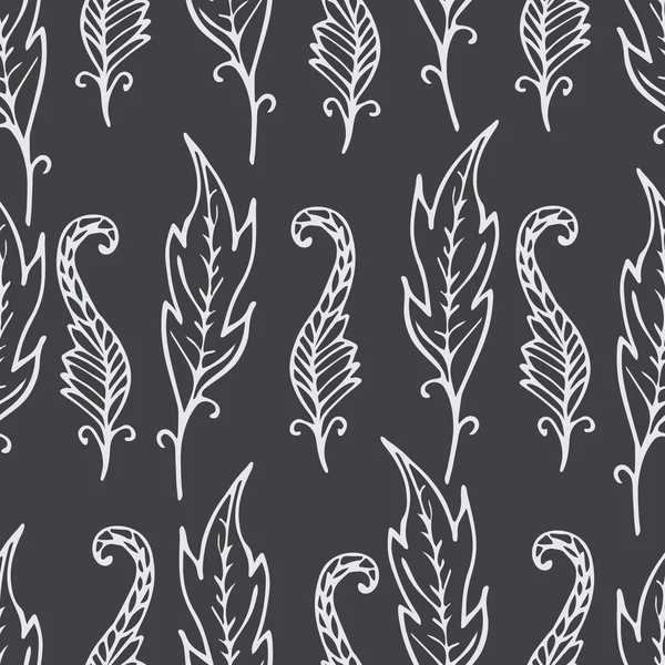 Repeating floral and feather pattern. Seamless texture with leaves. Gray background with white doodle elements. Dark backdrop. Vector illustration. For textile, wrapping, wallpaper, cloth design. — Stock Vector