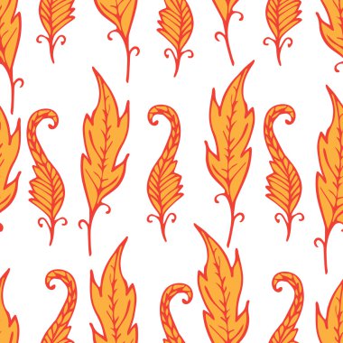 Repeating floral and feather pattern. Seamless texture with  bright orange leaves on white background. Firebird or Fenix feathers. Vector illustration. For textile, wrapping, wallpaper, cloth design. 