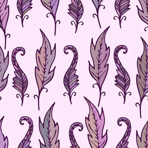 Repeating floral and feather pattern. Seamless texture with leaves. Purple and pink colors. Light background or backdrop. Vector illustration. For textile, wrapping, wallpaper or cloth design. — Free Stock Photo