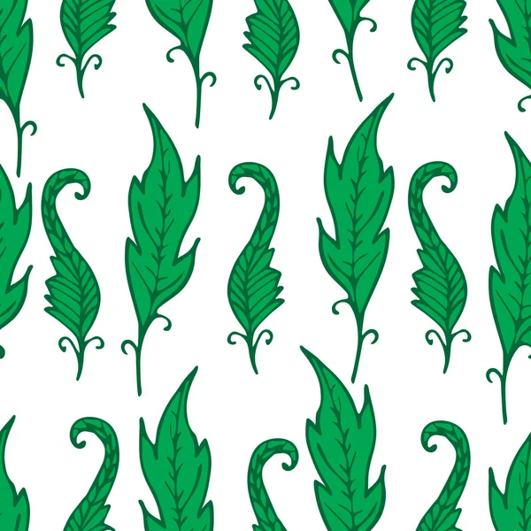 Repeating floral and feather pattern. Seamless texture with green leaves. Bright elements on white background. Tropical style. Vector illustration. For textile, wrapping, wallpaper, cloth design. — Stock Vector