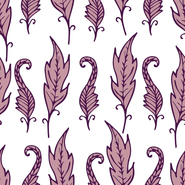 Repeating floral and feather pattern. Seamless texture with purple leaves on white background. Light backdrop with pink elements. Vector illustration. For textile, wrapping, wallpaper, cloth design. — Stock Vector