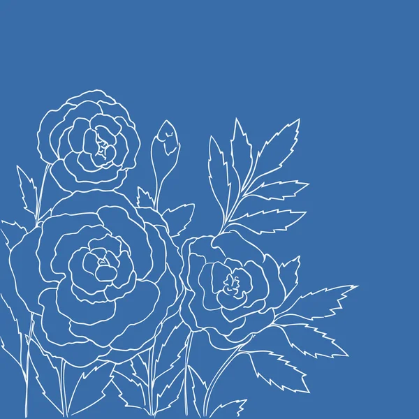 Belle rose isolate su sfondo blu. Illustrazione vettoriale disegnata a mano con fiori. Romantico biglietto floreale retrò. Profumo delicato romantico. Elemento per il design. Linee di contorno e tratti . — Vettoriale Stock