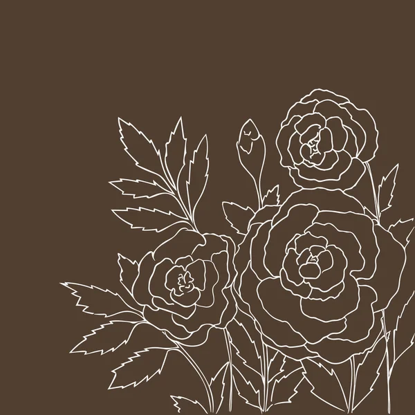 Hermosas rosas aisladas sobre fondo beige oscuro. Ilustración vectorial dibujada a mano con flores. Tarjeta floral retro marrón. Ramo romántico delicado. Elemento para el diseño. Líneas de contorno y trazos . — Vector de stock