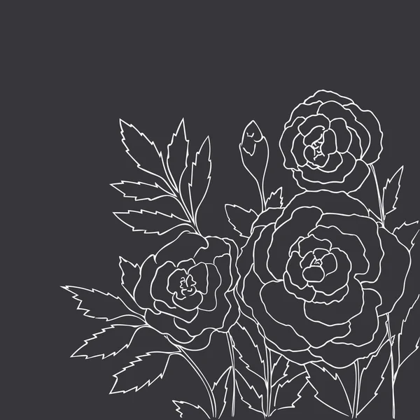 Vackra rosor isolerade på svart bakgrund. Handritad vektor illustration med blommor. Retro blommig kort. Romantisk delikat bukett. Element för design. Konturlinjer. Imitation av Chalkboard. — Stock vektor