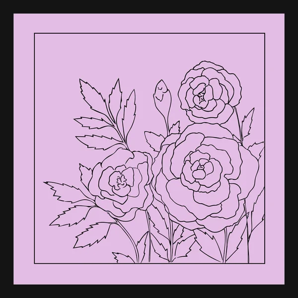 Schöne Rosen isoliert auf hellviolettem Hintergrund. handgezeichnete Vektorillustration mit Blumen. lila Retro-Blumenkarte. romantische zarte Bouquet. Element für Design. Konturlinien und Striche. — Stockvektor