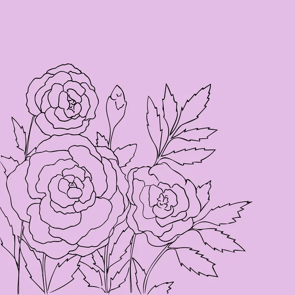 Beautiful roses isolated on light purple background. Hand drawn vector illustration with flowers. Lilac retro floral card. Romantic delicate bouquet. Element for design. Contour lines and strokes. — Stock Vector