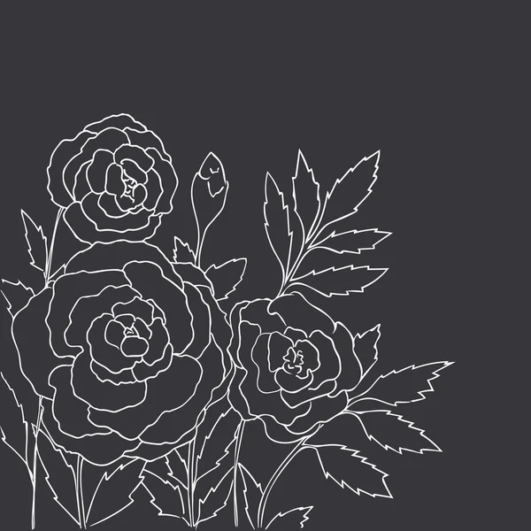 Mooie rozen geïsoleerd op zwarte achtergrond. Hand getekende vector illustratie met bloemen. Retro bloemen kaart. Romantische delicate boeket. Element voorontwerp. Contour lijnen. Schoolbord imitatie. — Stockvector