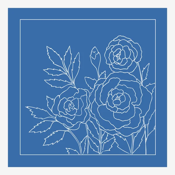 Překrásné růže izolované na modrém pozadí. Ručně kreslené vektorové ilustrace s květinami. Romantická retro-Květná karta. Romantická delikátní kytice. Prvek pro návrh. Čáry a tahy obrysu. — Stockový vektor