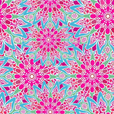 Dikişsiz renkli desen. Oryantal tarzda. Kumaş veya duvar kağıdı doku. Etnik Mandala formları. Islam, Arapça, Hint motifleri. Soyut kabile vektör. Çiçek arka plan. Yaratıcı öğeleri. Parlak pembe.
